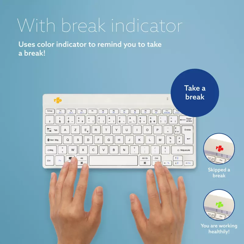 R-Go Tools Ergonominė klaviatūra R-Go Compact Break, kompaktiška klaviatūra su pertraukų programine įranga, AZERTY (FR), Bluetooth, balta