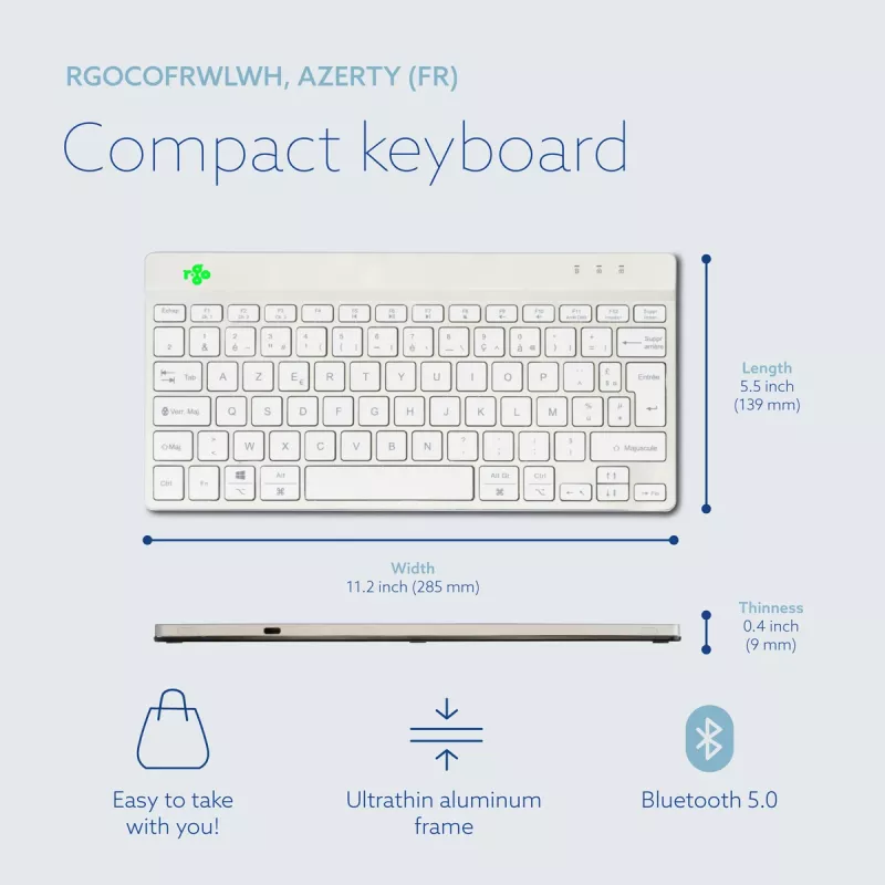 R-Go Tools Ergonominė klaviatūra R-Go Compact Break, kompaktiška klaviatūra su pertraukų programine įranga, AZERTY (FR), Bluetooth, balta