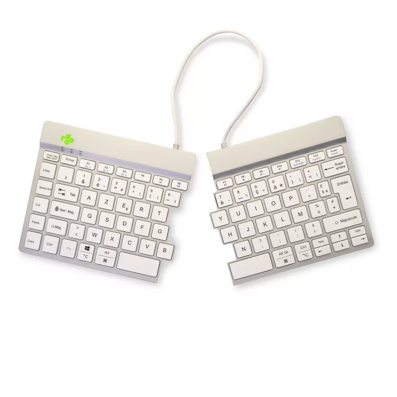 Ergonominė klaviatūra „R-Go Split Break“ su pertraukų programine įranga, ergonomiška padalinta klaviatūra, AZERTY (prancūzų), „Bluetooth“, balta