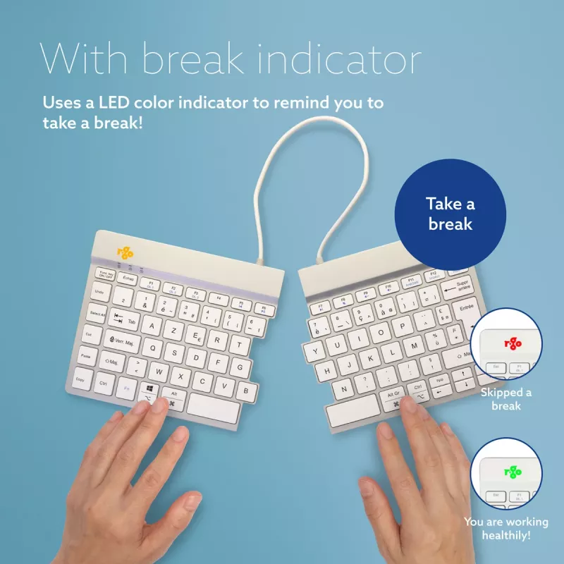Ergonominė klaviatūra „R-Go Split Break“ su pertraukų programine įranga, ergonomiška padalinta klaviatūra, AZERTY (prancūzų), „Bluetooth“, balta