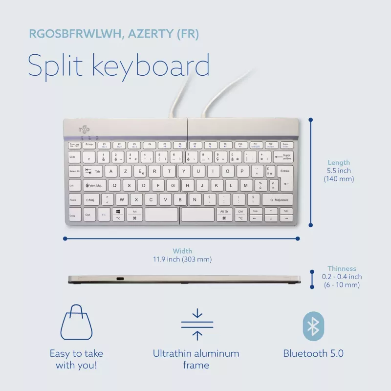 Ergonominė klaviatūra „R-Go Split Break“ su pertraukų programine įranga, ergonomiška padalinta klaviatūra, AZERTY (prancūzų), „Bluetooth“, balta