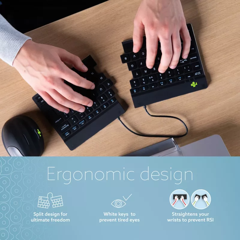 R-Go Tools Ergonominė klaviatūra R-Go Split Break su pertraukų programine įranga, ergonominė atskirta klaviatūra, AZERTY (FR), Bluetooth, juoda