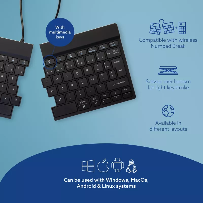 R-Go Tools Ergonominė klaviatūra R-Go Split Break su pertraukų programine įranga, ergonominė atskirta klaviatūra, AZERTY (FR), Bluetooth, juoda