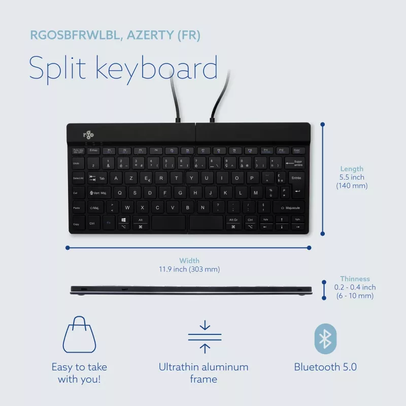R-Go Tools Ergonominė klaviatūra R-Go Split Break su pertraukų programine įranga, ergonominė atskirta klaviatūra, AZERTY (FR), Bluetooth, juoda
