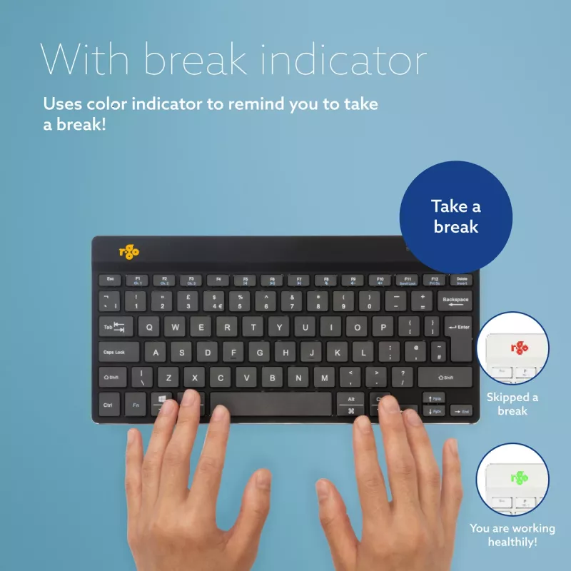 R-Go Tools ergonominė klaviatūra R-Go Compact Break, kompaktiška klaviatūra su pertraukų programine įranga, AZERTY (BE), Bluetooth, juoda