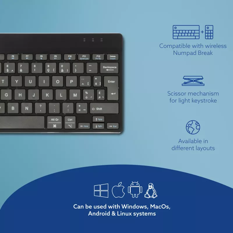 R-Go Tools ergonominė klaviatūra R-Go Compact Break, kompaktiška klaviatūra su pertraukų programine įranga, AZERTY (BE), Bluetooth, juoda