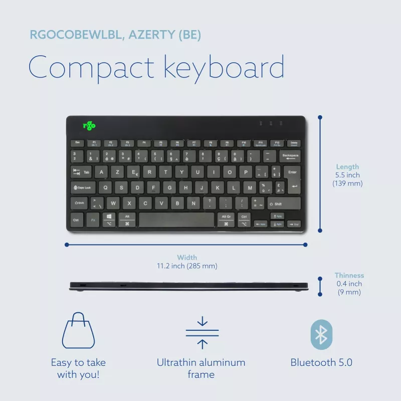 R-Go Tools ergonominė klaviatūra R-Go Compact Break, kompaktiška klaviatūra su pertraukų programine įranga, AZERTY (BE), Bluetooth, juoda