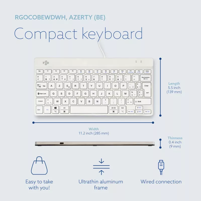 R-Go Tools Ergonominė klaviatūra R-Go Compact Break, kompaktinė klaviatūra su pertraukų programine įranga, AZERTY (BE), laidinė, balta