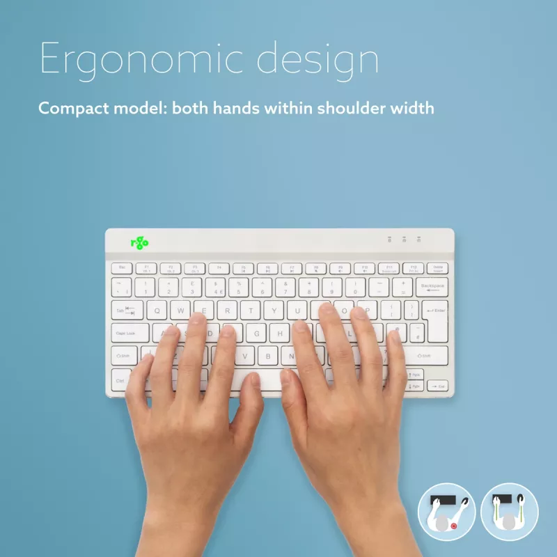 R-Go Tools ergonominė klaviatūra R-Go Compact Break, kompaktiška klaviatūra su pertraukų programine įranga, AZERTY (BE), Bluetooth, balta