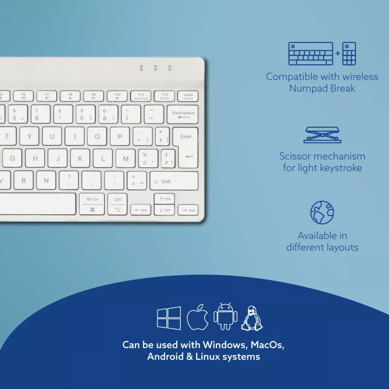 R-Go Tools ergonominė klaviatūra R-Go Compact Break, kompaktiška klaviatūra su pertraukų programine įranga, AZERTY (BE), Bluetooth, balta