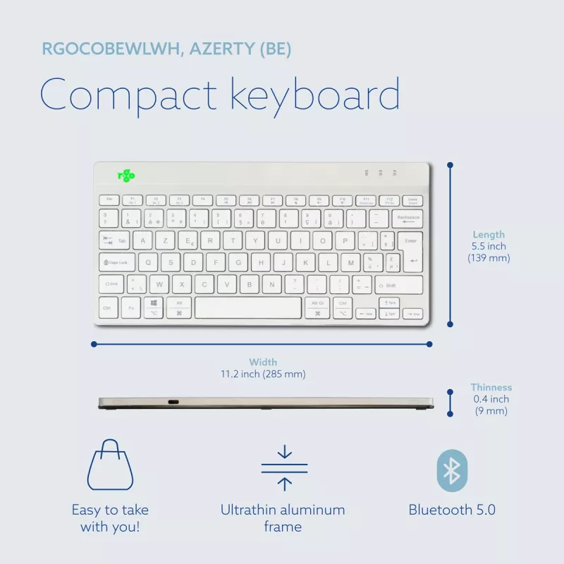 R-Go Tools ergonominė klaviatūra R-Go Compact Break, kompaktiška klaviatūra su pertraukų programine įranga, AZERTY (BE), Bluetooth, balta