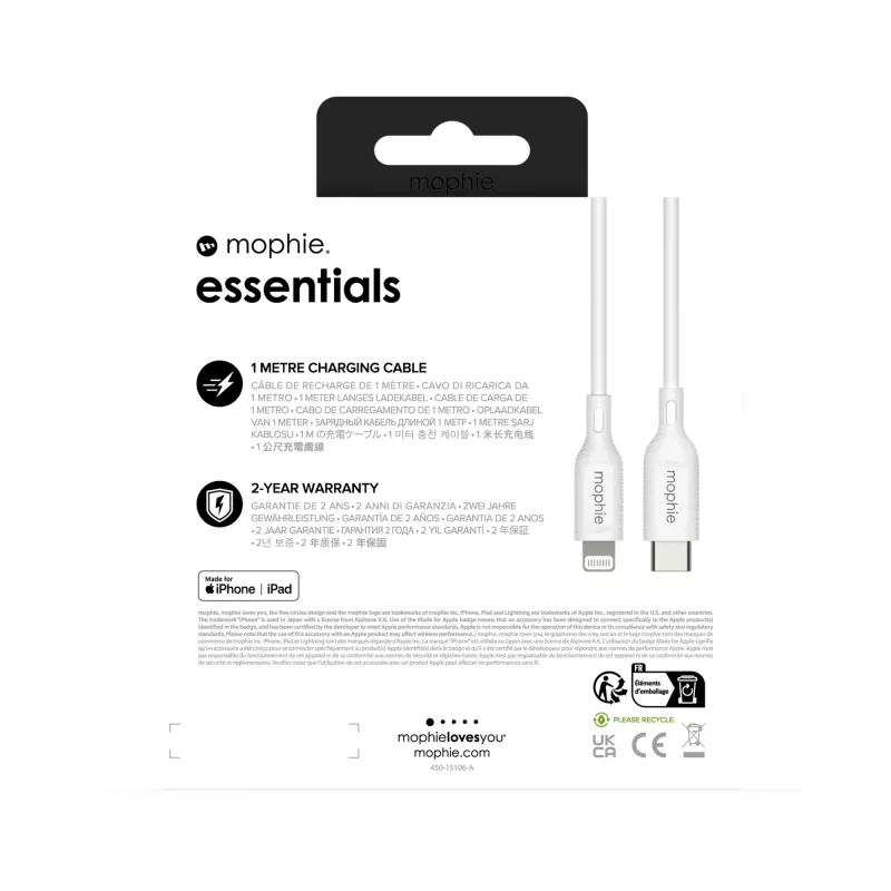 mophie essentials Lightning į USB-C | įkrovimo laidas (1 m) Balta