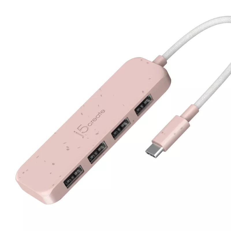 USB-C į 4 prievadų USB-A Gen 2 koncentratorius j5create — 10 Gbps, USB 3.2, rožinis, ABS perdirbtas plastikas, 100×27×19 mm