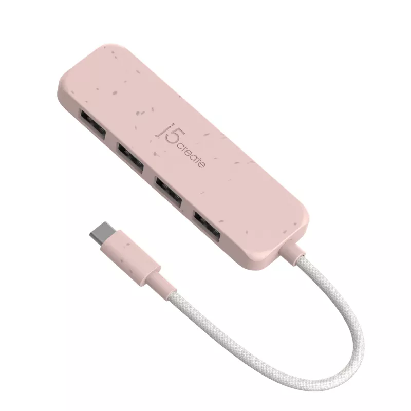 USB-C į 4 prievadų USB-A Gen 2 koncentratorius j5create — 10 Gbps, USB 3.2, rožinis, ABS perdirbtas plastikas, 100×27×19 mm