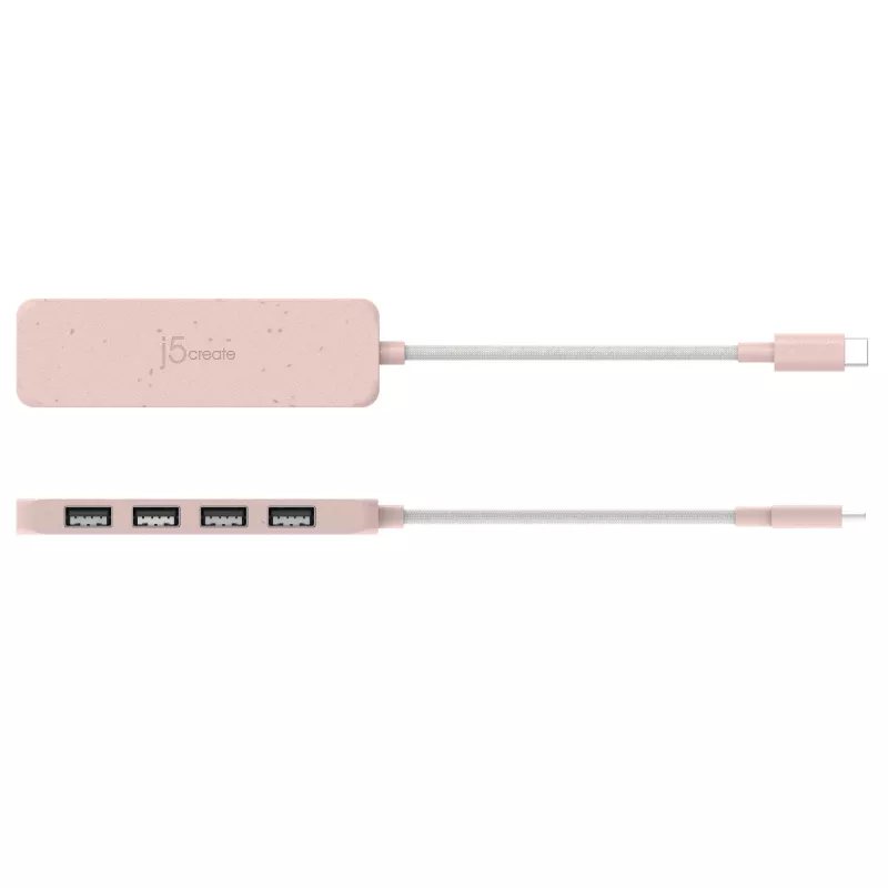 USB-C į 4 prievadų USB-A Gen 2 koncentratorius j5create — 10 Gbps, USB 3.2, rožinis, ABS perdirbtas plastikas, 100×27×19 mm
