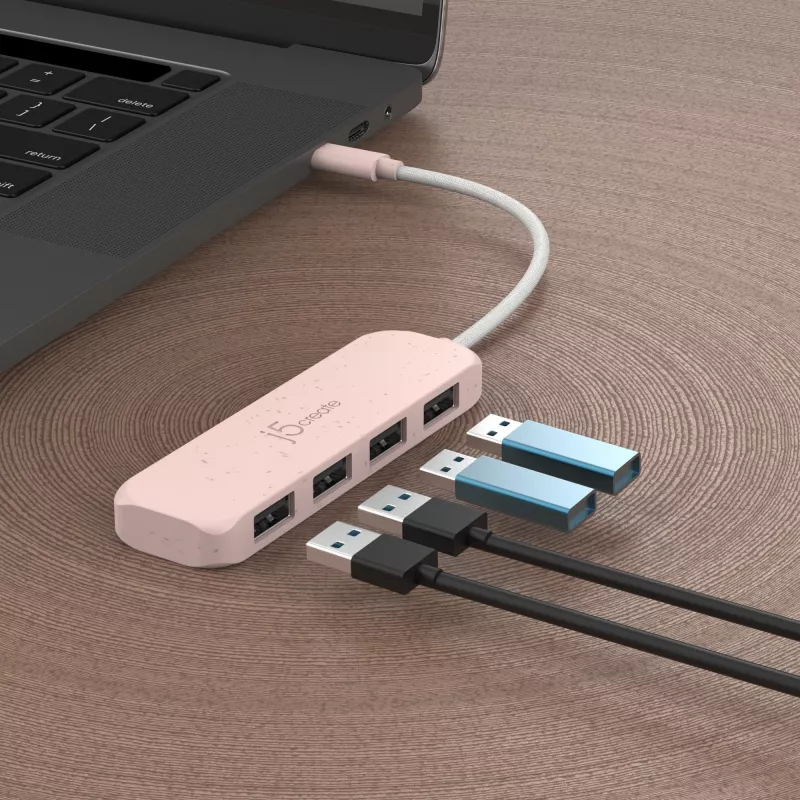 USB-C į 4 prievadų USB-A Gen 2 koncentratorius j5create — 10 Gbps, USB 3.2, rožinis, ABS perdirbtas plastikas, 100×27×19 mm