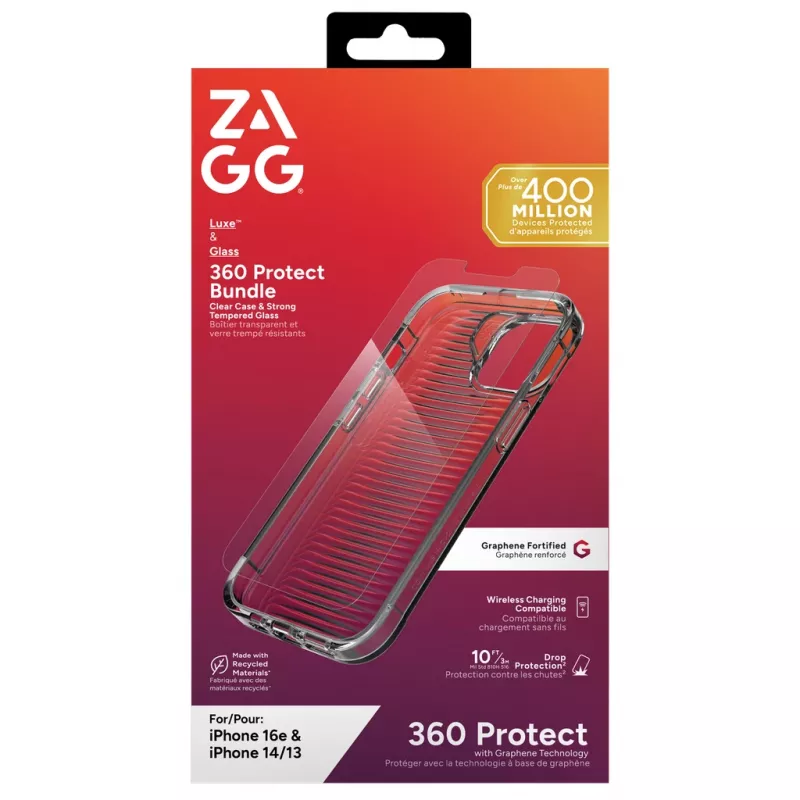 ZAGG Luxe + Glass 360 rinkinys, skirtas iPhone 17e/16e/14/13 Clear, Dėklas, Apple, iPhone 17e/16e/14/13, 15,5 cm (6.1"), Skaidrus