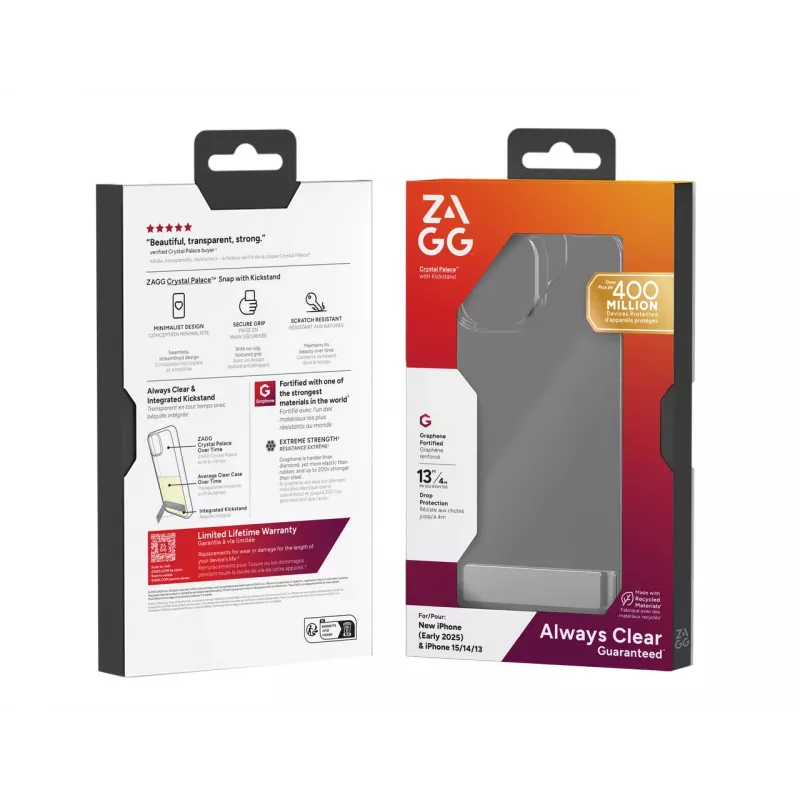 ZAGG Crystal Palace Kickstand dėklas iPhone 16/15/14/13 skaidrus, Dangtelis, Apple, iPhone 17e/16e/15/14/13, 15,5 cm (6,1 inch), Skaidrus