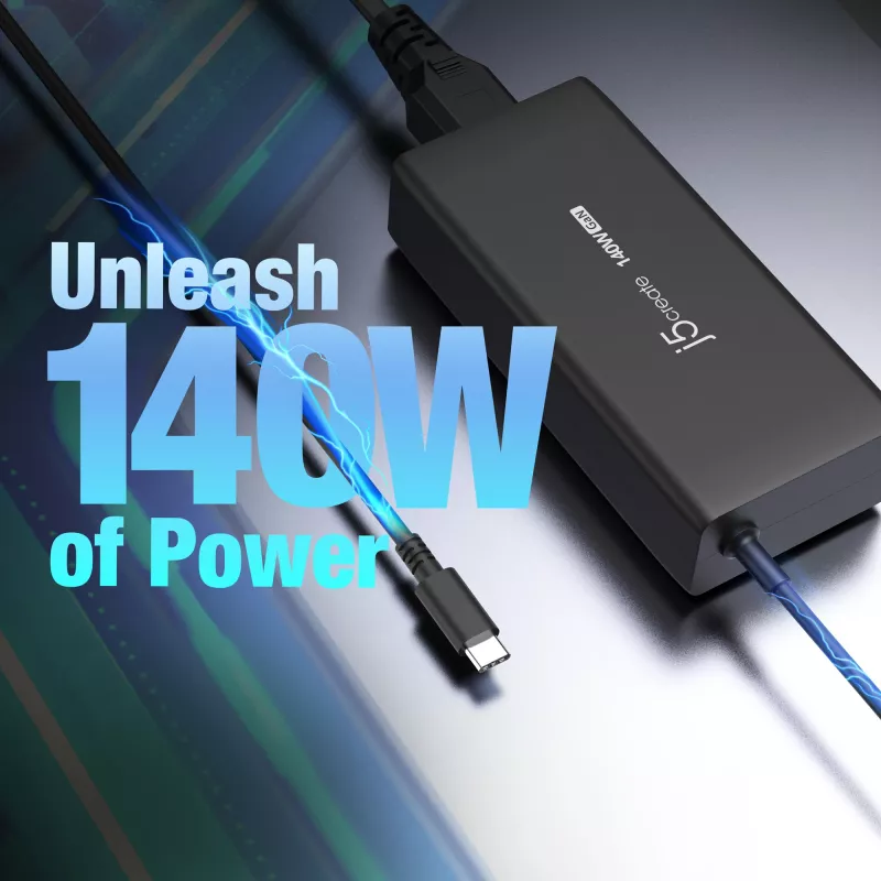 USB-C GaN įkroviklis j5create JUP17140 140 W PD3.1, vidinis, juodas, 59×127×30,5 mm