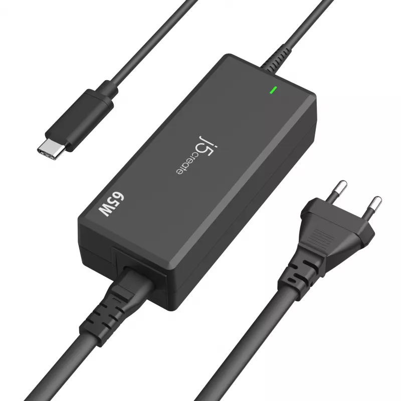 USB-C PD maitinimo adapteris j5create JUP1265 — 65W, vidaus, juodas, plastikinis, 118×32×50 mm (ES)