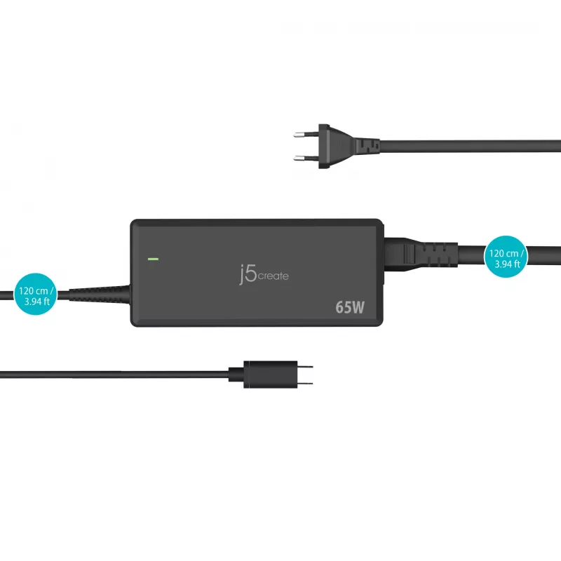 USB-C PD maitinimo adapteris j5create JUP1265 — 65W, vidaus, juodas, plastikinis, 118×32×50 mm (ES)