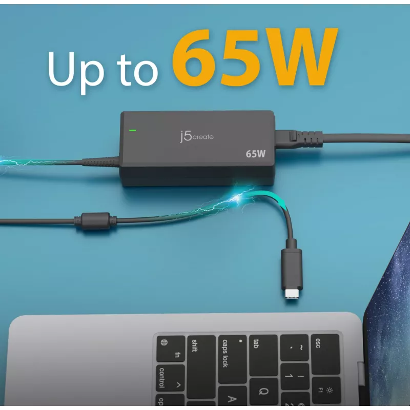 USB-C PD maitinimo adapteris j5create JUP1265 — 65W, vidaus, juodas, plastikinis, 118×32×50 mm (ES)