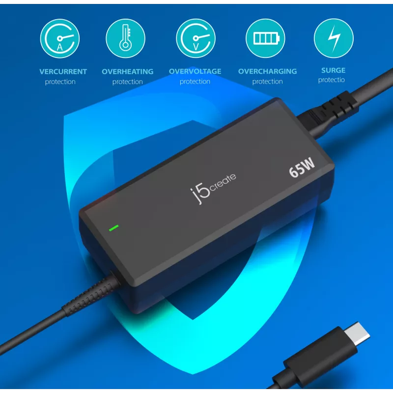USB-C PD maitinimo adapteris j5create JUP1265 — 65W, vidaus, juodas, plastikinis, 118×32×50 mm (ES)