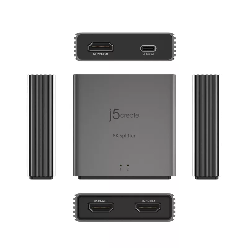 j5create JDSH812 8K HDMI™ 2.1 2 krypčių skirstytuvas, HDMI, 2x HDMI, 7680 x 4320 pikselių, Pilka, Aliuminis, 8K Ultra HD