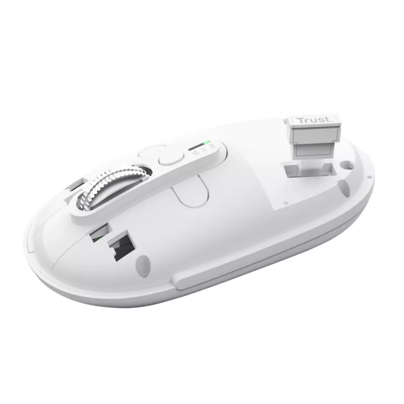 Belaidis biuro pelė TRUST Seron plonas Multi – abiem rankoms tinkama, RF + Bluetooth, optinė 3200 DPI, 7 mygtukai, balta
