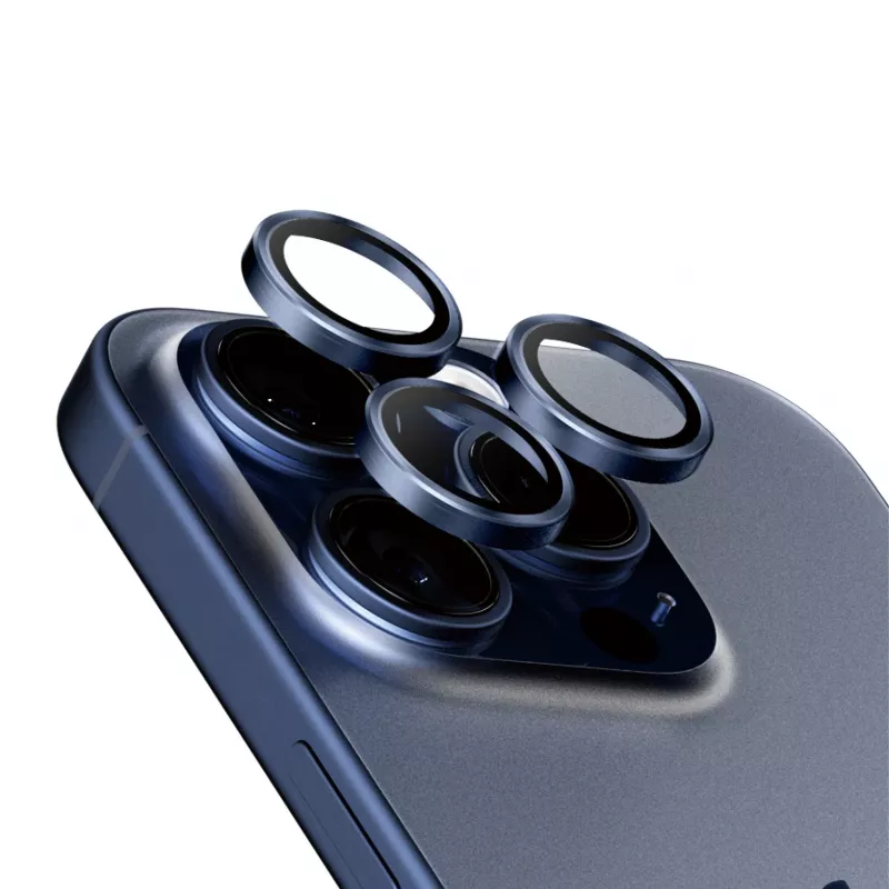 PanzerGlass Hoops kameros objektyvo apsauga iPhone 15 Pro 15 Pro Max mėlyna titano atspalvio atspari įbrėžimams smūgiams