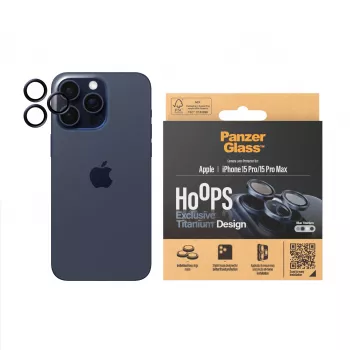 PanzerGlass Hoops kameros objektyvo apsauga iPhone 15 Pro 15 Pro Max mėlyna titano atspalvio atspari įbrėžimams smūgiams