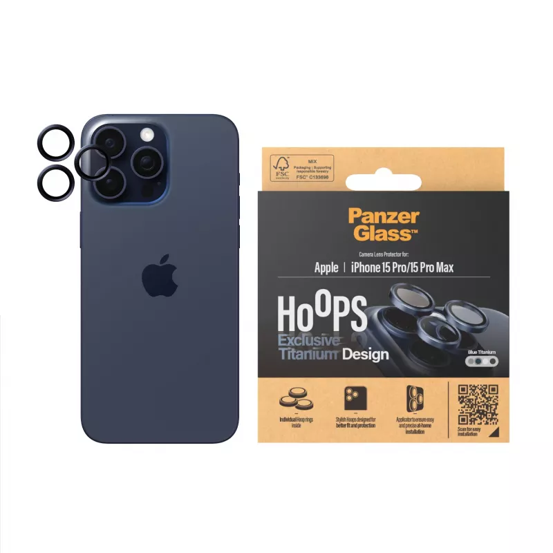 PanzerGlass Hoops kameros objektyvo apsauga iPhone 15 Pro 15 Pro Max mėlyna titano atspalvio atspari įbrėžimams smūgiams