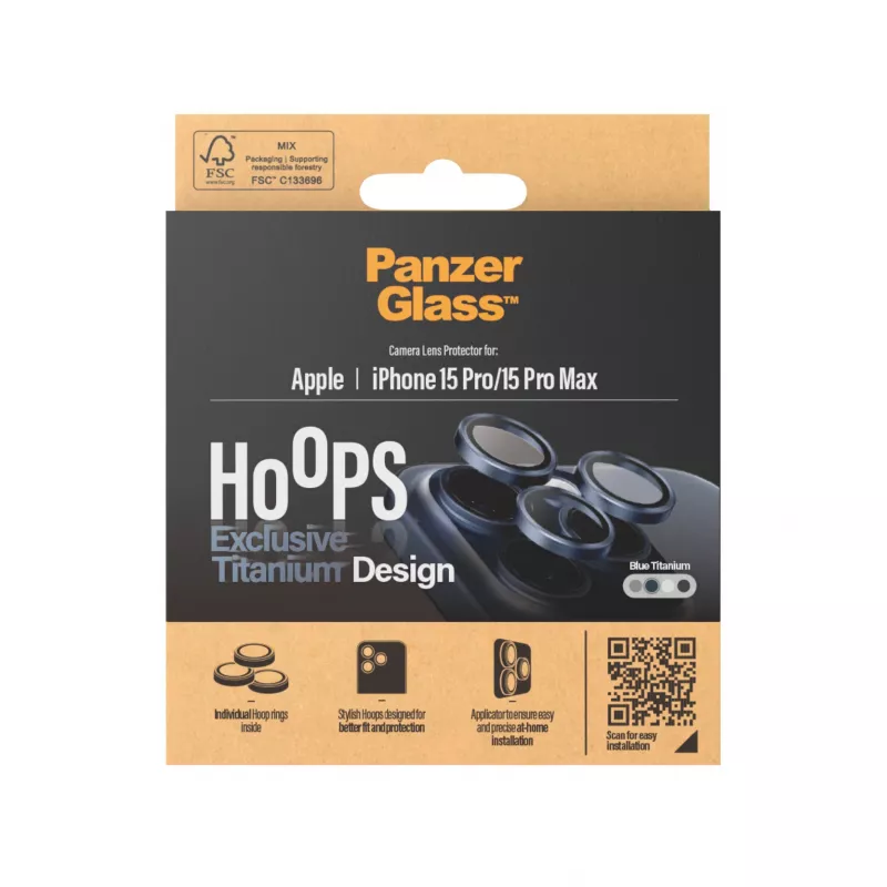 PanzerGlass Hoops kameros objektyvo apsauga iPhone 15 Pro 15 Pro Max mėlyna titano atspalvio atspari įbrėžimams smūgiams
