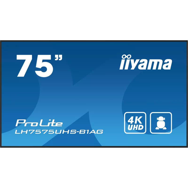 iiyama LH7575UHS-B1AG skaitmeninė iškaba Skaitmeninė reklaminė plokščia panelė 190,5 cm (75 colių) LCD Wi-Fi 500 cd/m² 4K Ultra HD Juoda Integruotas procesorius Android 11 24/7