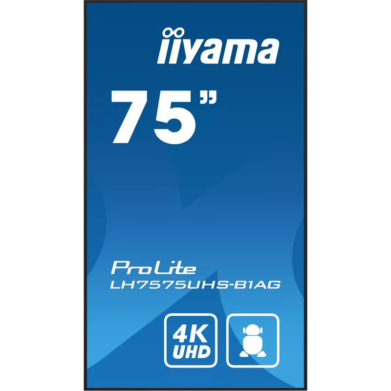 iiyama LH7575UHS-B1AG skaitmeninė iškaba Skaitmeninė reklaminė plokščia panelė 190,5 cm (75 colių) LCD Wi-Fi 500 cd/m² 4K Ultra HD Juoda Integruotas procesorius Android 11 24/7
