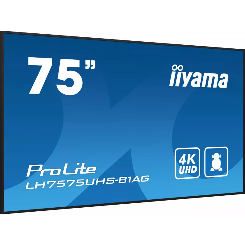 iiyama LH7575UHS-B1AG skaitmeninė iškaba Skaitmeninė reklaminė plokščia panelė 190,5 cm (75 colių) LCD Wi-Fi 500 cd/m² 4K Ultra HD Juoda Integruotas procesorius Android 11 24/7
