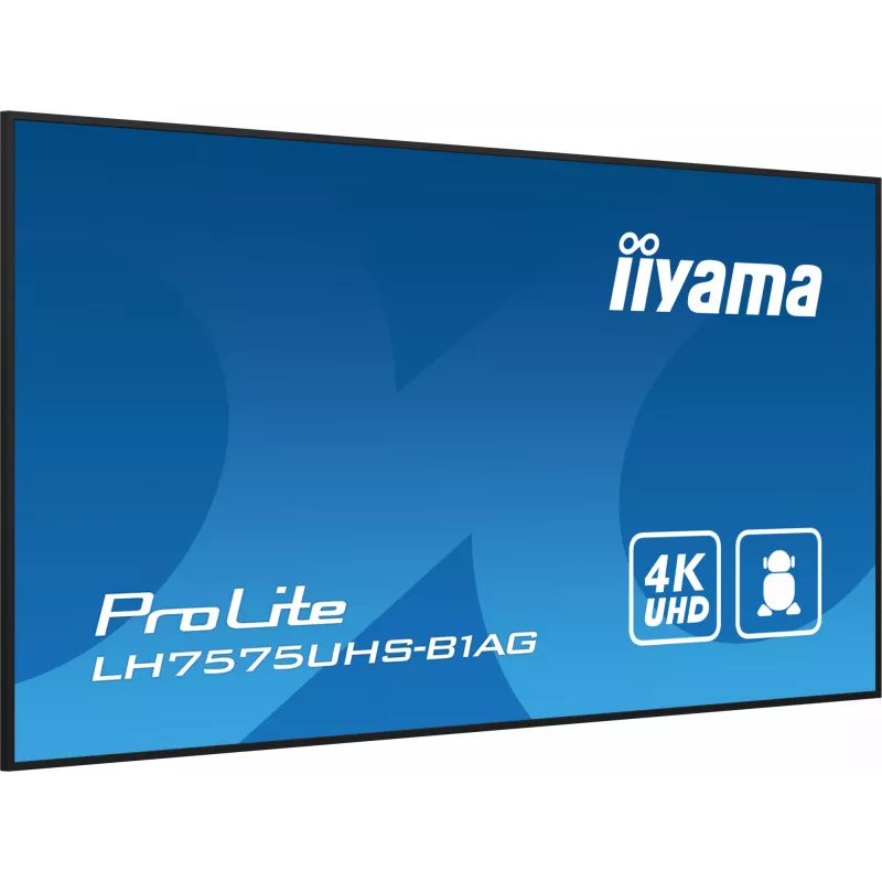 iiyama LH7575UHS-B1AG skaitmeninė iškaba Skaitmeninė reklaminė plokščia panelė 190,5 cm (75 colių) LCD Wi-Fi 500 cd/m² 4K Ultra HD Juoda Integruotas procesorius Android 11 24/7