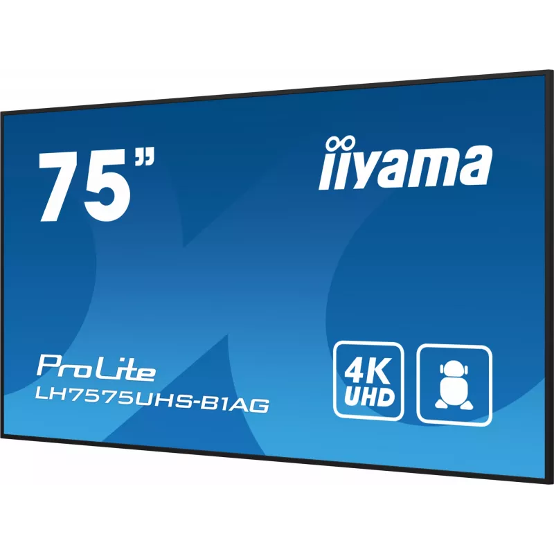 iiyama LH7575UHS-B1AG skaitmeninė iškaba Skaitmeninė reklaminė plokščia panelė 190,5 cm (75 colių) LCD Wi-Fi 500 cd/m² 4K Ultra HD Juoda Integruotas procesorius Android 11 24/7