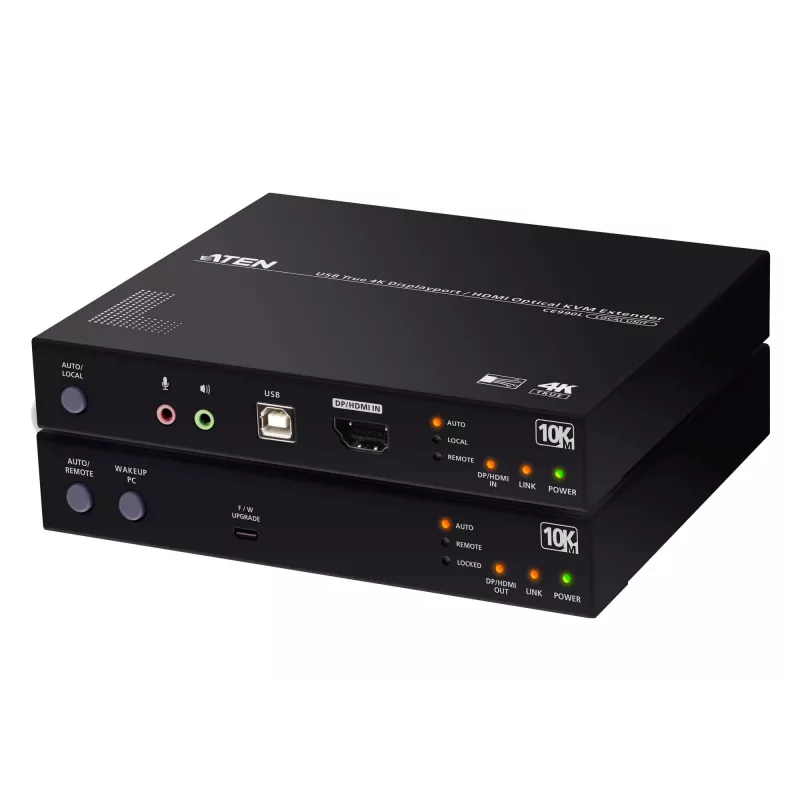 ATEN True 4K DP/HDMI optinis KVM 10 km, siųstuvas ir imtuvas, laidinis, 10000 m, 4096 x 2160 pikselių, juoda, metalas