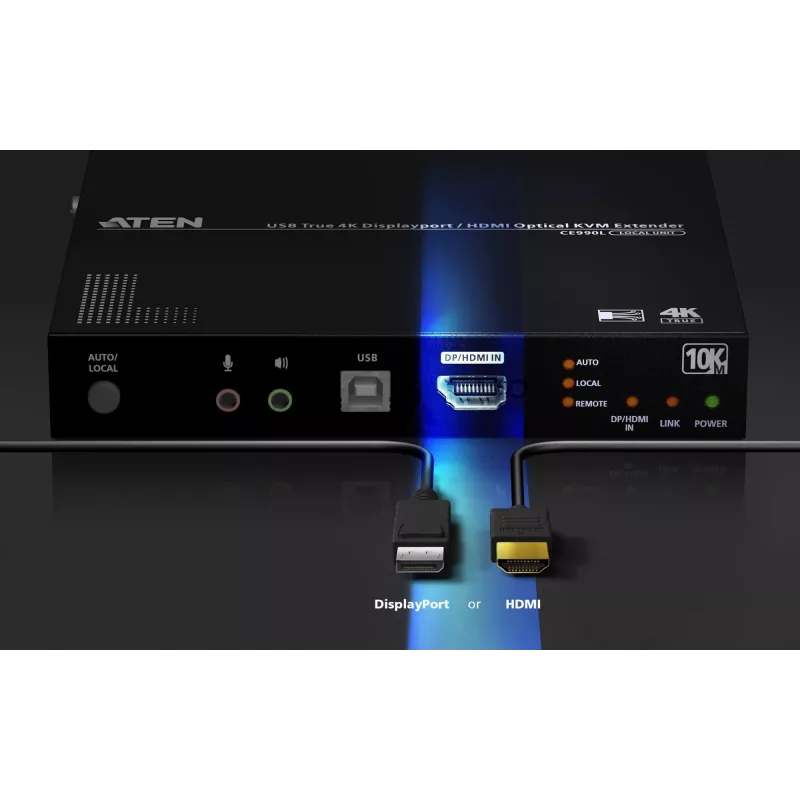 ATEN True 4K DP/HDMI optinis KVM 10 km, siųstuvas ir imtuvas, laidinis, 10000 m, 4096 x 2160 pikselių, juoda, metalas