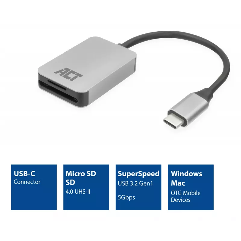 Kortelių skaitytuvas ACT AC7056 USB 3.2 Gen 1 Type-C pilkas MicroSD SD