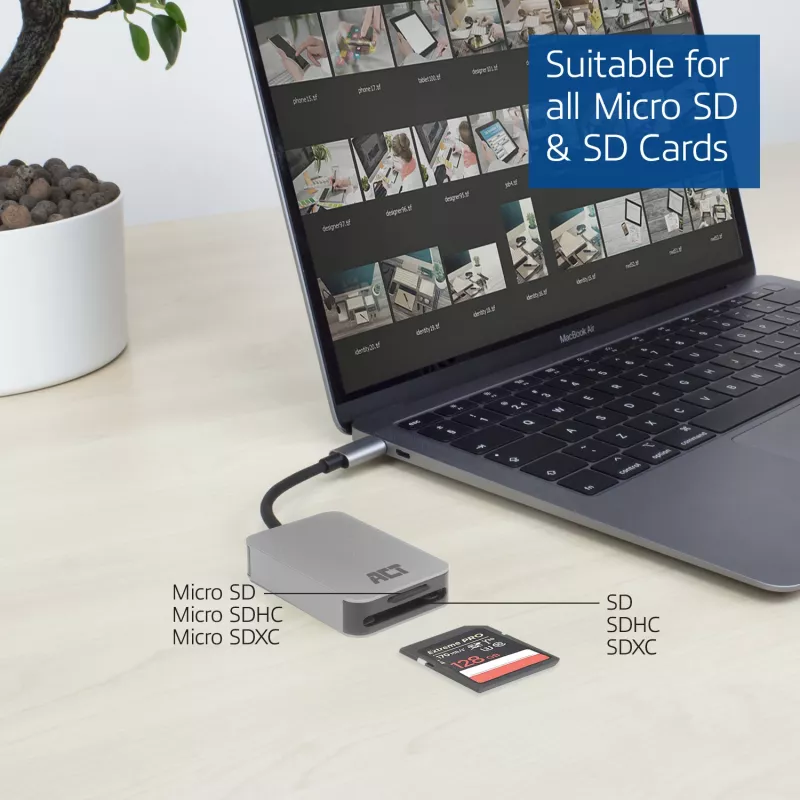 Kortelių skaitytuvas ACT AC7056 USB 3.2 Gen 1 Type-C pilkas MicroSD SD