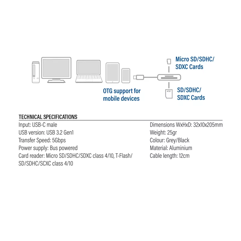 Kortelių skaitytuvas ACT AC7056 USB 3.2 Gen 1 Type-C pilkas MicroSD SD
