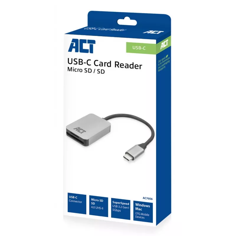 Kortelių skaitytuvas ACT AC7056 USB 3.2 Gen 1 Type-C pilkas MicroSD SD