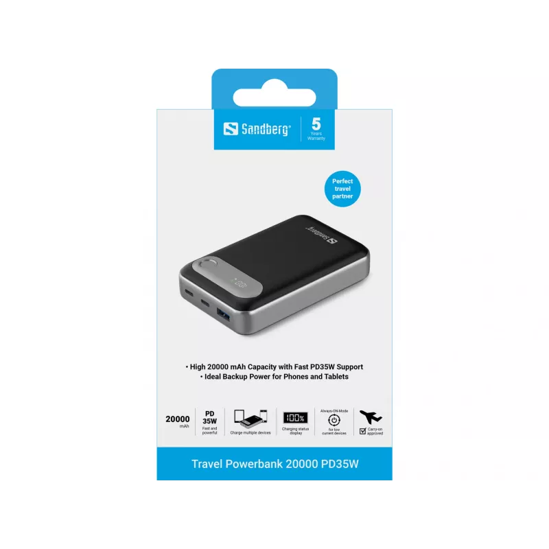 Sandberg Travel Powerbank 20000 PD35W, 20000 mAh, ličio polimeras (LiPo), 3,7 V, juoda, sidabrinė