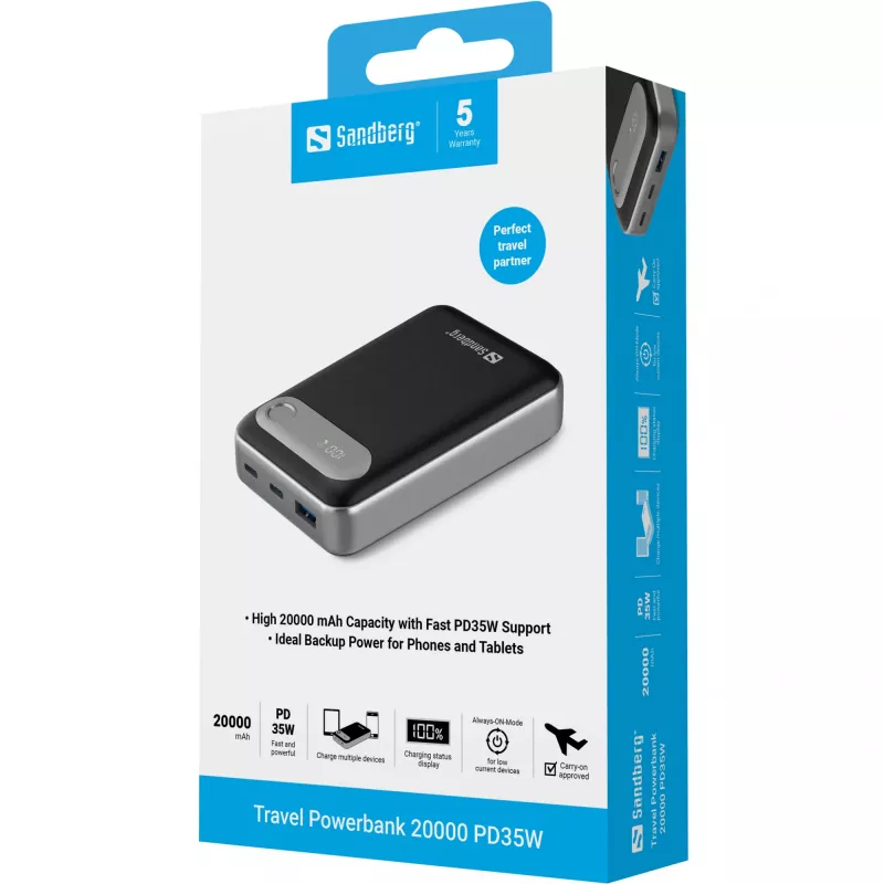 Sandberg Travel Powerbank 20000 PD35W, 20000 mAh, ličio polimeras (LiPo), 3,7 V, juoda, sidabrinė