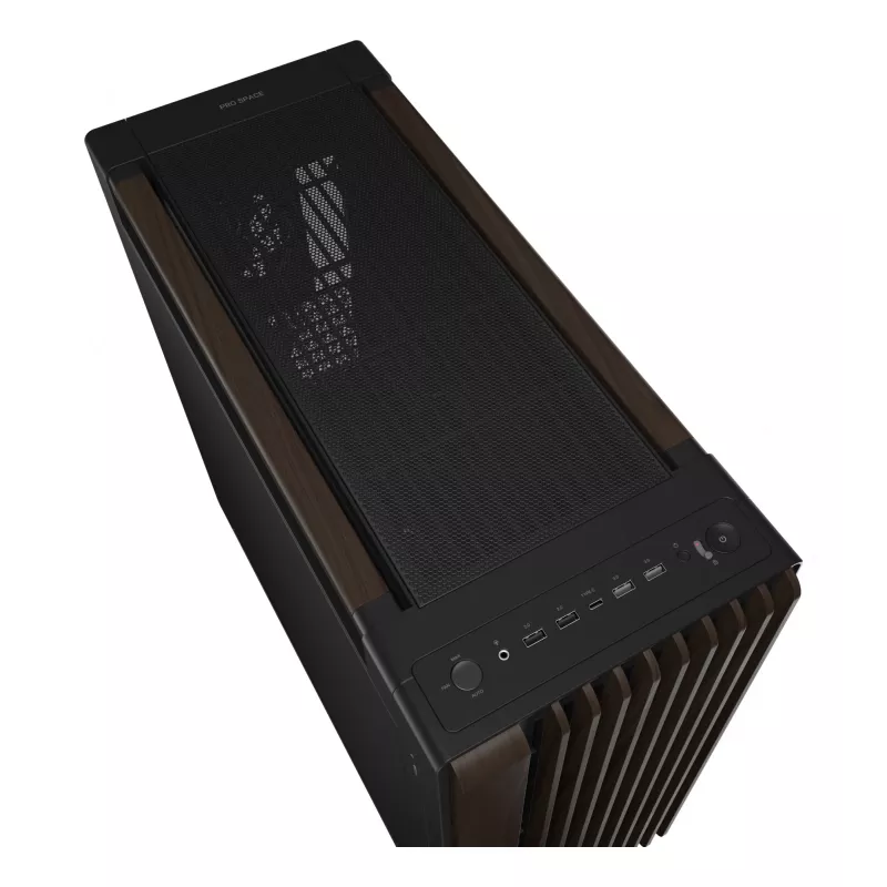 PC korpusas ASUS ProArt PA602 Wood Edition Midi Tower — juoda su medžiu, palaiko ATX/EATX, 2x200 mm priekyje, 1x140 mm gale