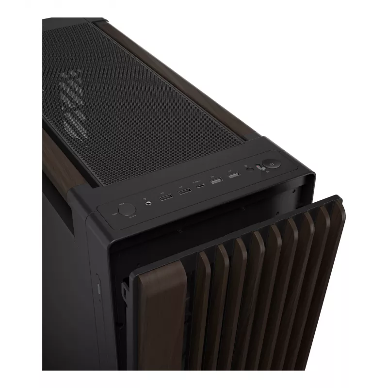 PC korpusas ASUS ProArt PA602 Wood Edition Midi Tower — juoda su medžiu, palaiko ATX/EATX, 2x200 mm priekyje, 1x140 mm gale
