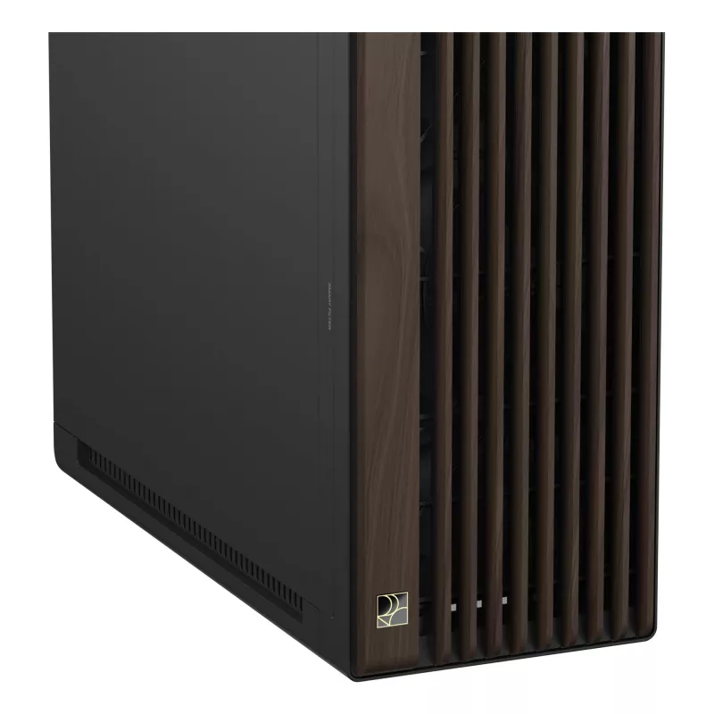 PC korpusas ASUS ProArt PA602 Wood Edition Midi Tower — juoda su medžiu, palaiko ATX/EATX, 2x200 mm priekyje, 1x140 mm gale