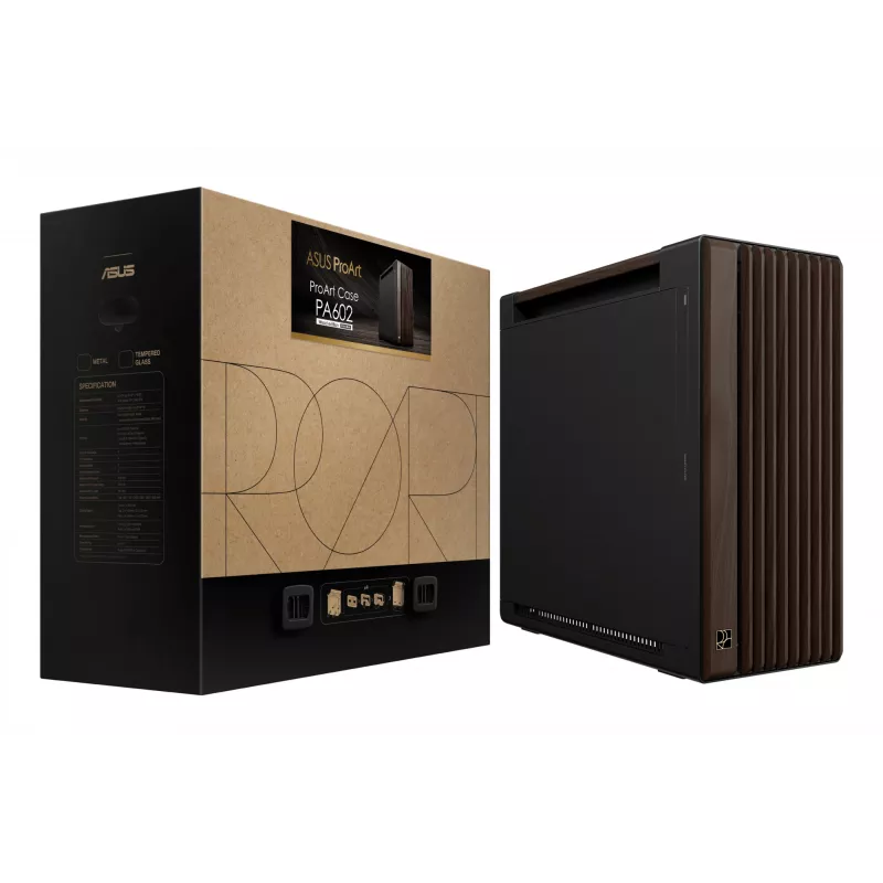 PC korpusas ASUS ProArt PA602 Wood Edition Midi Tower — juoda su medžiu, palaiko ATX/EATX, 2x200 mm priekyje, 1x140 mm gale